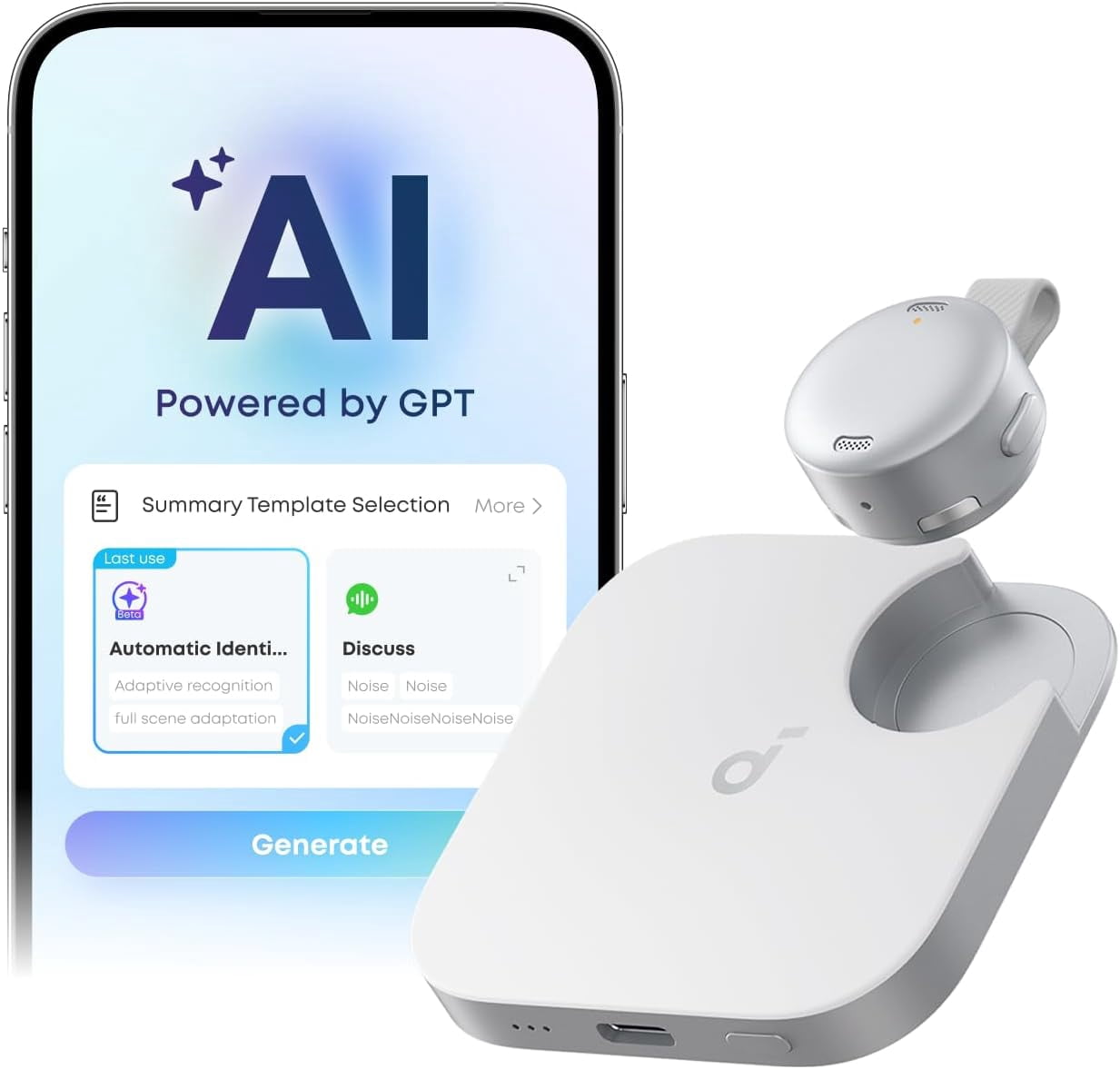 soundcore Work by Anker, Portable AI Voice Recorder, AI Transcription & Summarization, 6-Month Pro at No Charge, Cross-Meeting Summary, Double-Tap to Mark, MFi Certified, Privacy Protection(White)