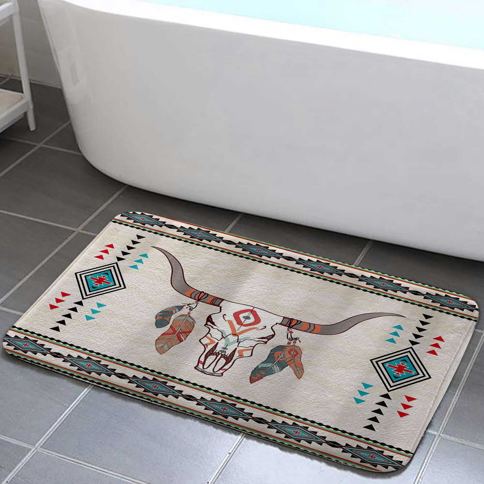 southwestern bath mats for bathroom non slip, Bull Skull Aztec themed