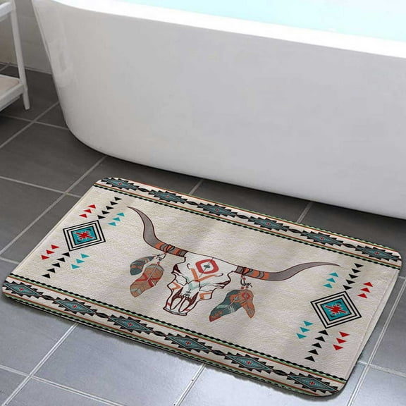 southwestern bath mats for bathroom non slip, Bull Skull Aztec themed Bathroom Mat American Southwestern Tribal Native Geometry Floor Rug for Kitchen Bedroom Indoor decor 17x29in