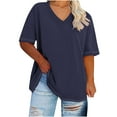 thumbnail image 1 of Women's Tops Plus Size Casual V-Neck Short Sleeve T-shirt Solid Fashionable Casual And Loose Blouse Tops Dark Blue 4XL, 1 of 3