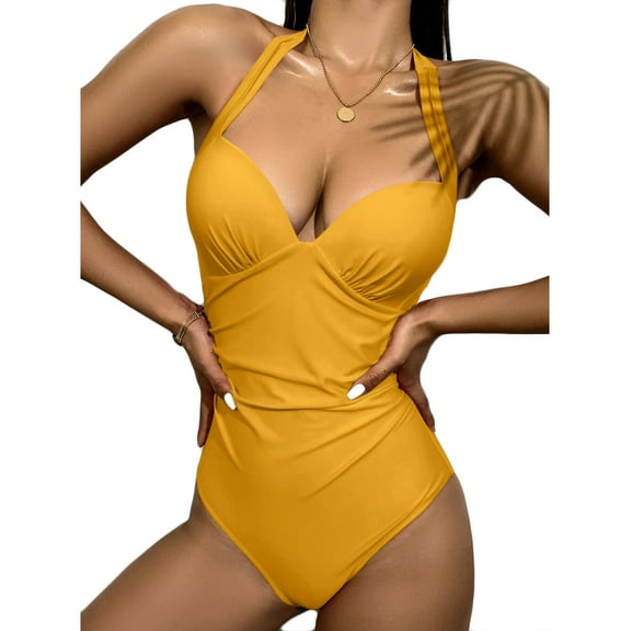 sovlvnd 50% Off Clear! Women's Sexy Solid Color Swimwear High Waist Swimwear Yellow, XL