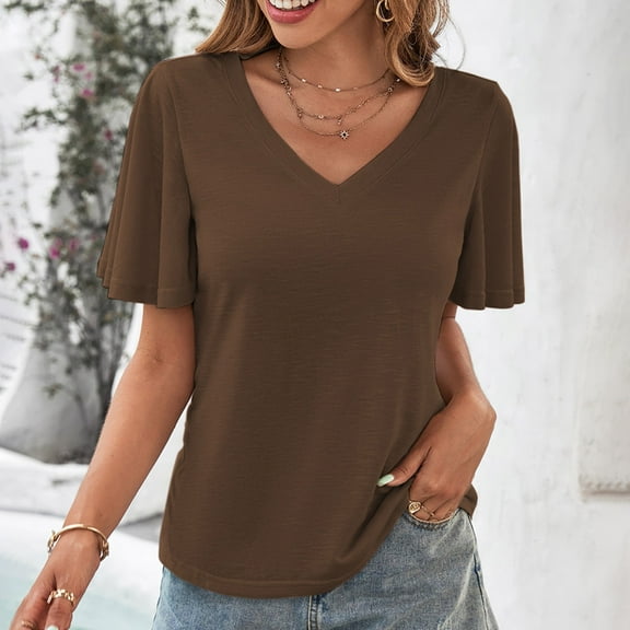 sovlvnd Blouses for Women Short Sleeve, Fashion Women's Summer V-Neck Solid Short Sleeve Sexy Top Blouse Coffee