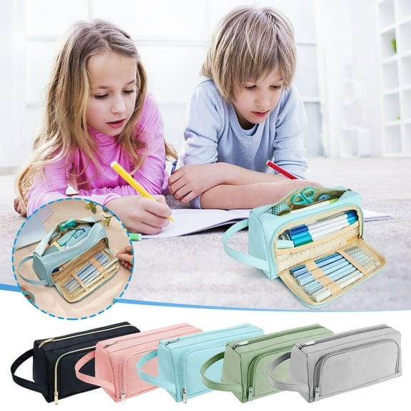 sovlvnd Canvas Double Zipper Pencil Cases, Sky Blue