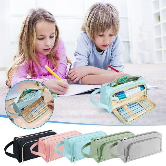 sovlvnd Canvas Double Zipper Pencil Cases, Sky Blue