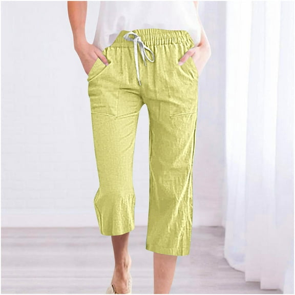 sovlvnd Capris Pants for Women Dressy Casual Women's Fragrant Hemp Solid Color Loose Women Fashion Drawstring Pants Seven Pants Pockets Wide Leg Cropped Pants for Women