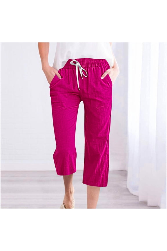 Capris Pants for Women Dressy Casual Women's Fragrant Hemp Solid Color Loose Women Fashion Drawstring Pants Seven Pants Pockets Wide Leg Cropped Pants for Women