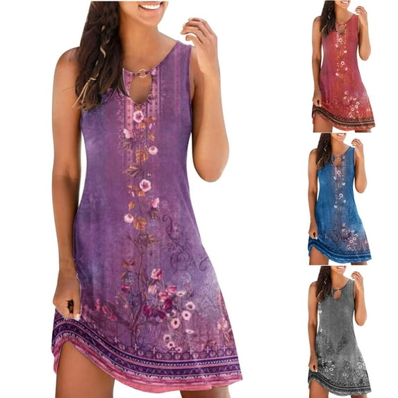 sovlvnd Casual Sundresses for Women 2024 Loose Summer Floral Printed Tank Dress Hollow Out Beach Sundress Sleeveless Dresses Womens Dresses