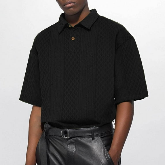 sovlvnd Clearance under 10 Man Solid-Color Loose Casual Knitted Button Mid-Sleeve Short Sleeve Turndown Collar T-shirt Top L, Black