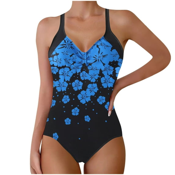 sovlvnd Clearance under 10 Women Printed Suspender V-neck High Waist Conservative Bikini One-Piece Swimsuit Blue, S