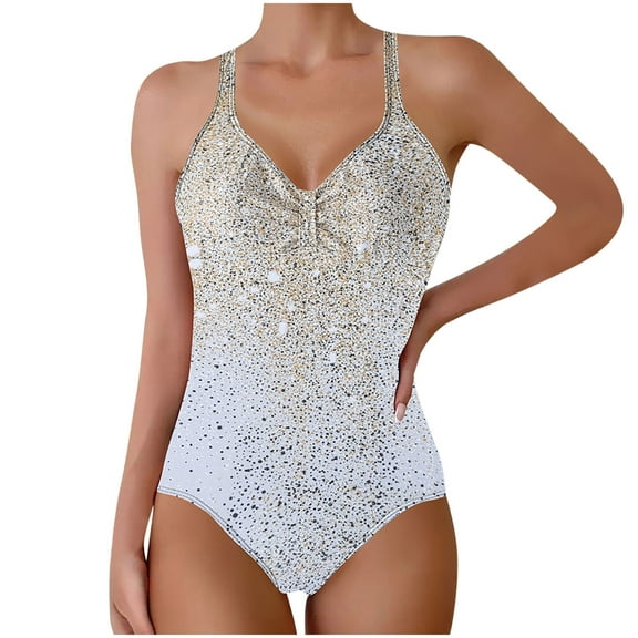sovlvnd Clearance under 10 Women Printed Suspender V-neck High Waist Conservative Bikini One-Piece Swimsuit Silver, S