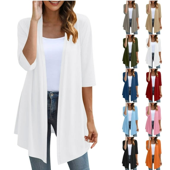 Womens Casual Lightweight 3/4 Sleeve Cardigan Flowy Soft Open Front Knit Cardigan Sweaters