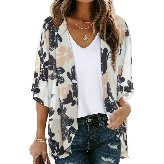 Women's Fashionable Floral Print Puff Sleeve Kimono Cardigan Loose Plus Size Chiffon Cover Up Casual Blouse Tops
