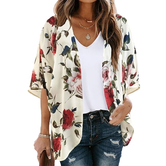 Women's Fashionable Floral Print Puff Sleeve Kimono Cardigan Loose Plus Size Chiffon Cover Up Casual Blouse Tops