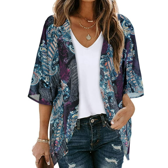 Women's Fashionable Floral Print Puff Sleeve Kimono Cardigan Loose Plus Size Chiffon Cover Up Casual Blouse Tops