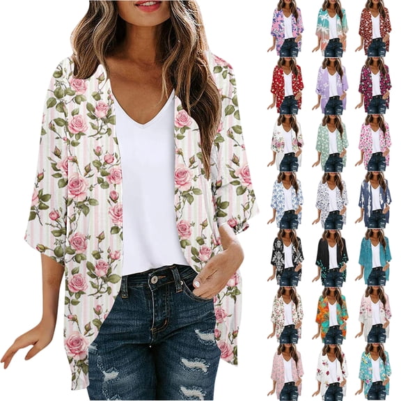Women's Fashionable Floral Print Puff Sleeve Kimono Cardigan Loose Plus Size Chiffon Cover Up Casual Blouse Tops