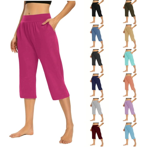 sovlvnd Discount 2024 Solid Elastic Over Size Waist Pocket Cropped Pants Casual Stretchy Stylish Pants For Spring Summer Women's Clothing