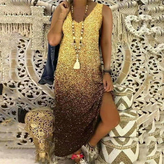 sovlvnd Discount 2024 Womens FashionableSummer Casual Plus Size Tank Dress Comfortable Loose Print V-neck Pockets Sleeveless Maxi Long Dress