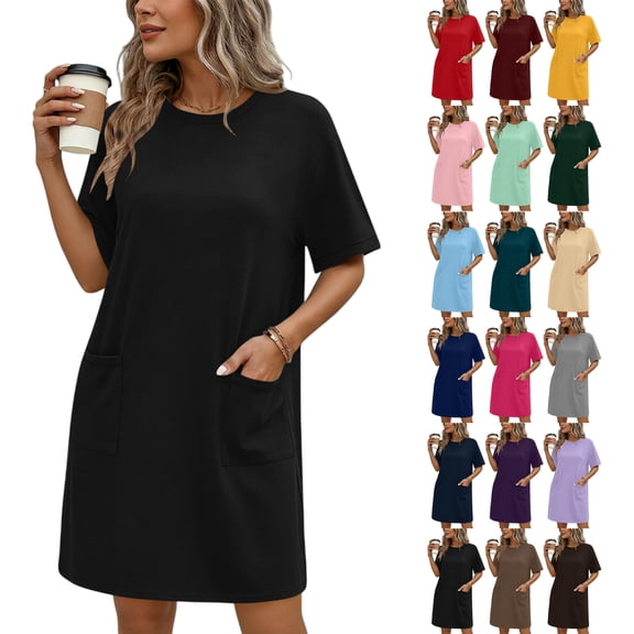 Womens Summer Dresses Solid Pocket Jumpsuit Casual Short Sleeve Round Neck Bandage Dress