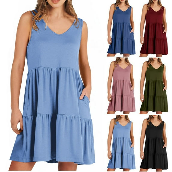 Summer Dresses for Women Casual Round-Neck Sleeveless High Waist Mini Sundresses