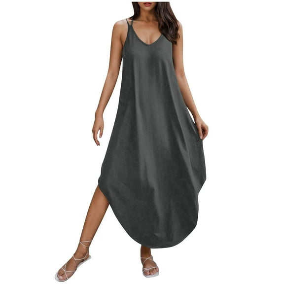 sovlvnd Dresses for Women, Woman Fashion Comfortable Summer Solid Color Tie Pocket Sleeveless Round-Neck Dress Dark Gray S