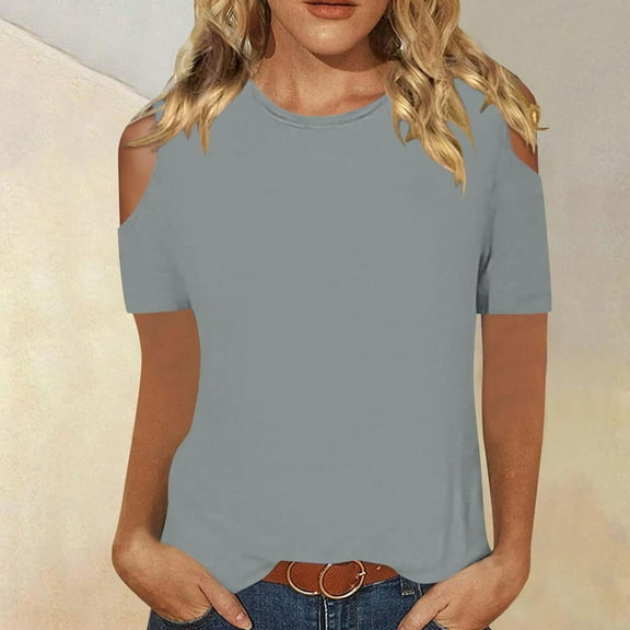 sovlvnd Family Gifts Fashionable Solid Color T-shirt Short Sleeved Shirt Round Neck Casual Top Gray