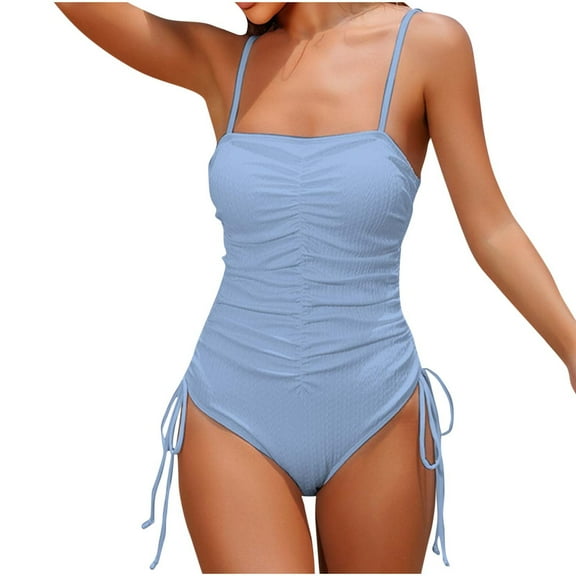 sovlvnd Family Gifts Women Solid Color Sexy Backless Strap Bikini One-Piece Swimsuit Light Blue, M