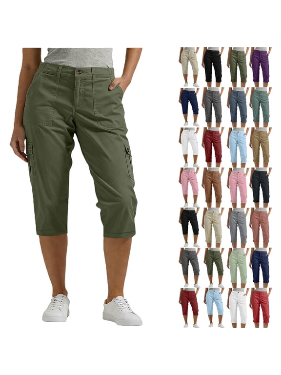 Fashion Plus Size Capris for Women Womens Casual Color Elastic Loose Pants Straight Wide Leg Trousers With Pocket Cropped Pants for Women