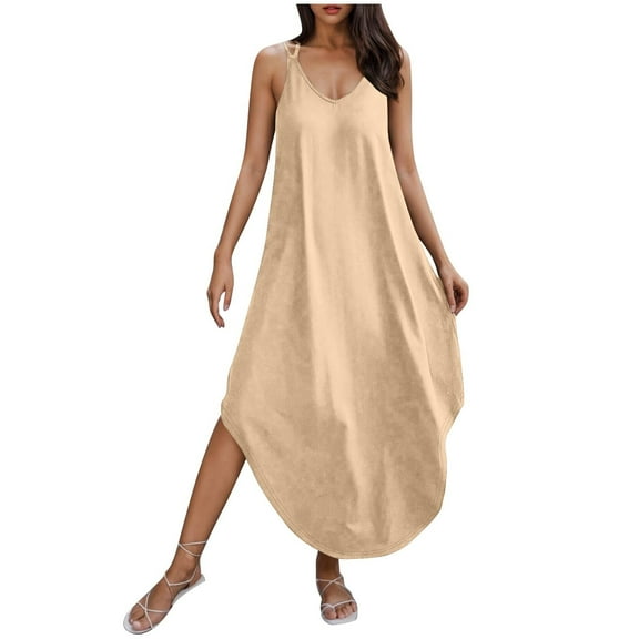 sovlvnd Flowy Dresses for Women, Woman Fashion Comfortable Summer Solid Color Tie Pocket Sleeveless Round-Neck Dress Beige S