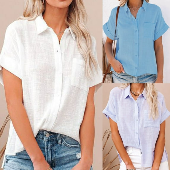 sovlvnd Ladies Plus Size Solid Color Comfortable Shirt Short Sleeve Lapel Button Loose Fitting Shirt Button Comfy Tee Blouse Lightweight tunic Blouse Tops S-2XL