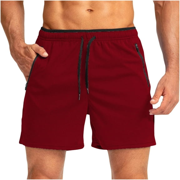 sovlvnd Mens Gym Shorts Men's Solid Color Sports Fitness Training Breathable Holiday Mesh Beach Shorts Zipper Pockets Cropped Pants S, Red