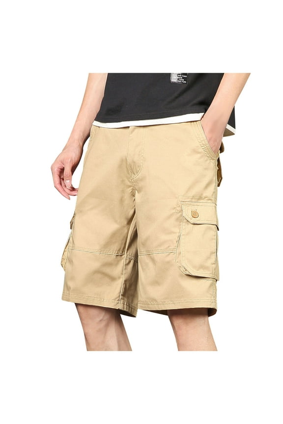 Mens Shorts Men Casual Fashion Multiple Pockets Half Shorts Pants Sports Elastic Mid-waist Shorts M, Khaki