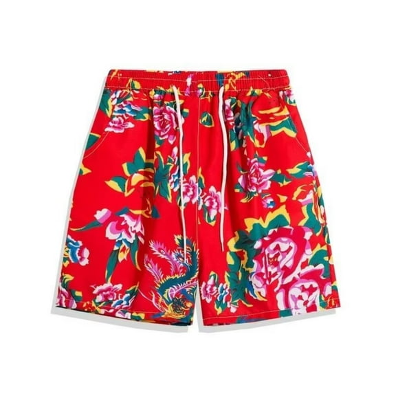 sovlvnd Mens Summer Shorts Mens Casual Printed Beach Shorts With Elastic Waist And Drawstring Pocketless Knee Length 2XL, Red