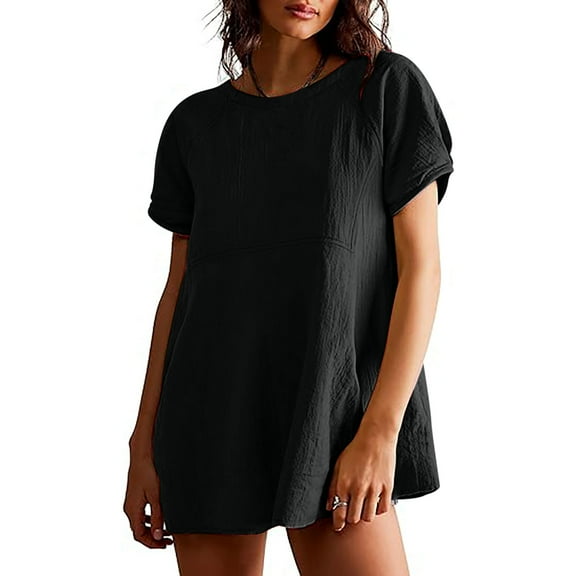 sovlvnd Oversized Tshirts for Women, Women's Fashionable Oversized Loose Solid Color Pocket Short Sleeved Round Neck Top/shirt Black S