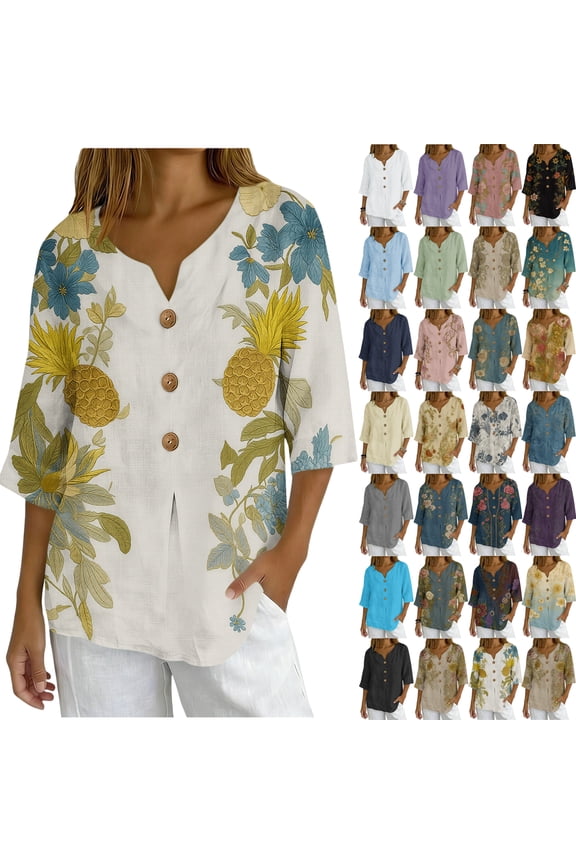 Plus Size Fashion Womens Casual Printed Square Neck Short Sleeve Buttons Tops Summer Lightweight Tops for Women 2024 Loose Blouses Comfy Tee Blouse S-2XL