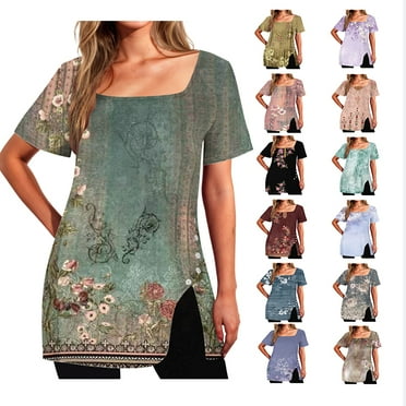 sovlvnd Plus Size Fashion Womens Casual Printed Square Neck Short Sleeve Buttons Tops Summer Lightweight Tops for Women 2024 Loose Blouses Comfy Tee Blouse S-2XL
