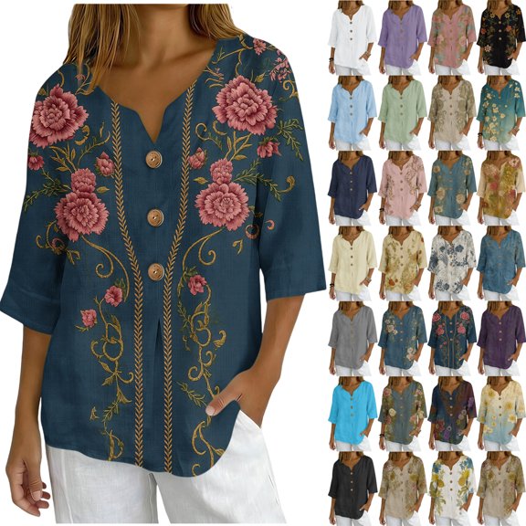 sovlvnd Plus Size Fashion Womens Casual Printed Square Neck Short Sleeve Buttons Tops Summer Lightweight Tops for Women 2024 Loose Blouses Comfy Tee Blouse S-2XL