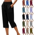 thumbnail image 1 of Womens Capri Pants Casual Summer Stretch Linen Button Elastic Waist Straight Pants, 1 of 6
