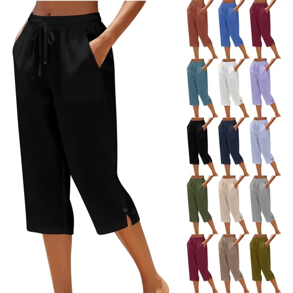 Womens Capri Pants Casual Summer Stretch Linen Button Elastic Waist Straight Pants
