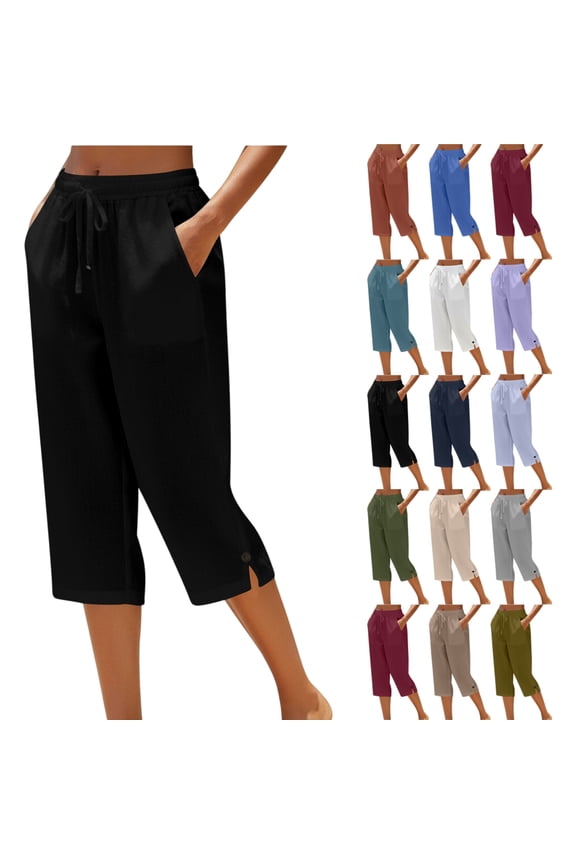 Womens Capri Pants Casual Summer Stretch Linen Button Elastic Waist Straight Pants