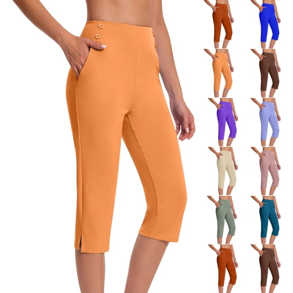 Women's Summer High Waisted Solid Color Capris Matching Slim Fitting Yoga Gym Pants Capris Pants