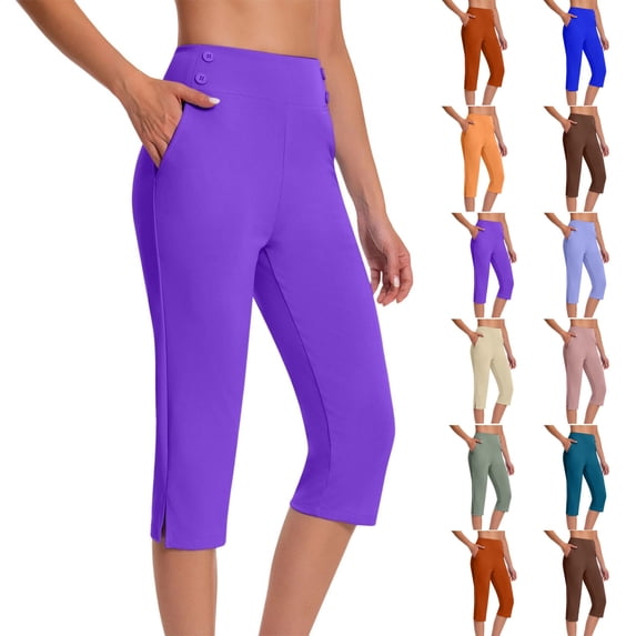 Women's Summer High Waisted Solid Color Capris Matching Slim Fitting Yoga Gym Pants Capris Pants