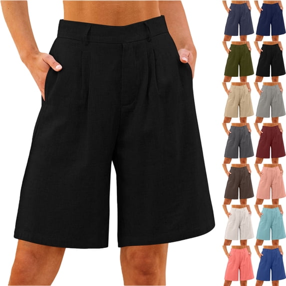 Women's Summer Shorts Casual Linen Solid Elastic Waist Loose Straight Leg Pockets Pants
