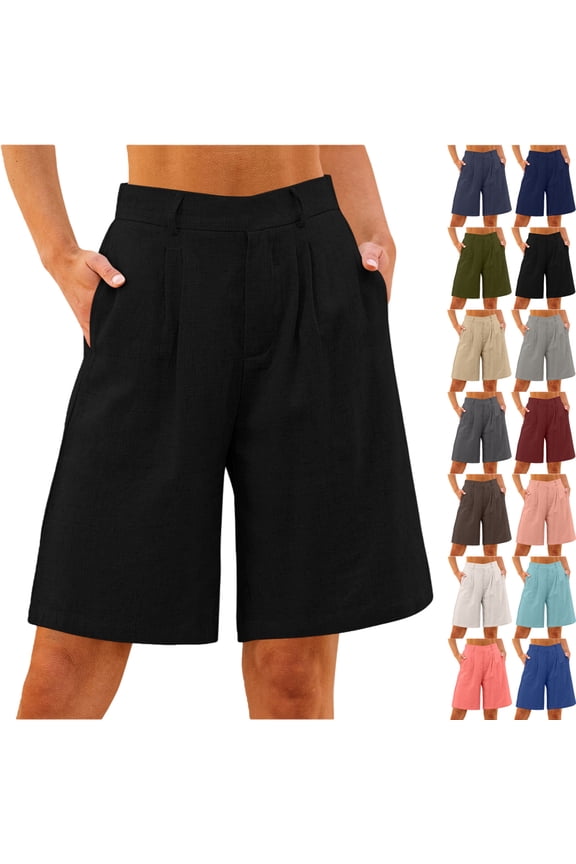 Women's Summer Shorts Casual Linen Solid Elastic Waist Loose Straight Leg Pockets Pants