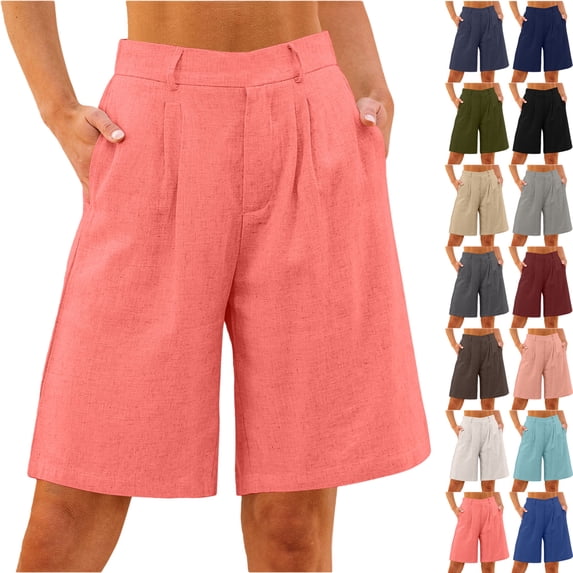 Women's Summer Shorts Casual Linen Solid Elastic Waist Loose Straight Leg Pockets Pants