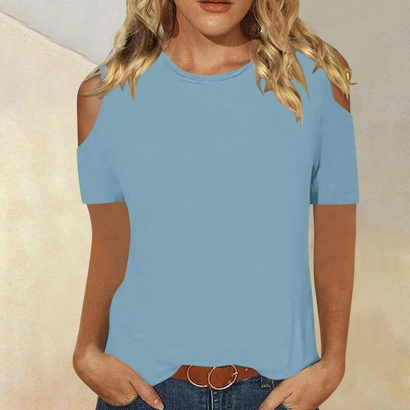 sovlvnd Short Sleeve Shirts Casual, Fashionable Solid Color T-shirt Short Sleeved Shirt Round Neck Casual Top Light Blue