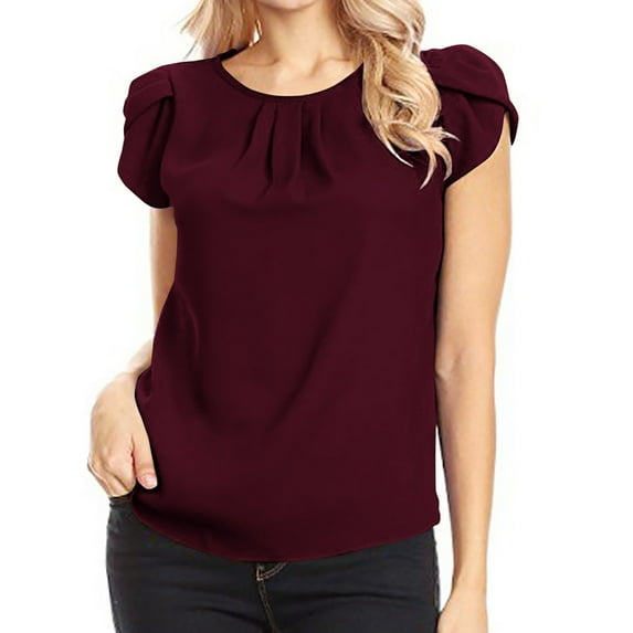 sovlvnd Short Sleeve Tops for Women, Women's Chiffon Solid Color Short Sleeve Round Neck Casual Shirt Short Sleeve Blouse Wine 2XL