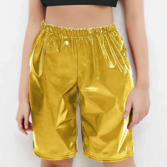 sovlvnd Solid Color Loose Glossy Straight Leg Shorts For Boys And Girls Five Part Shorts For Performance Mid Length Shorts Gold, 9 Years
