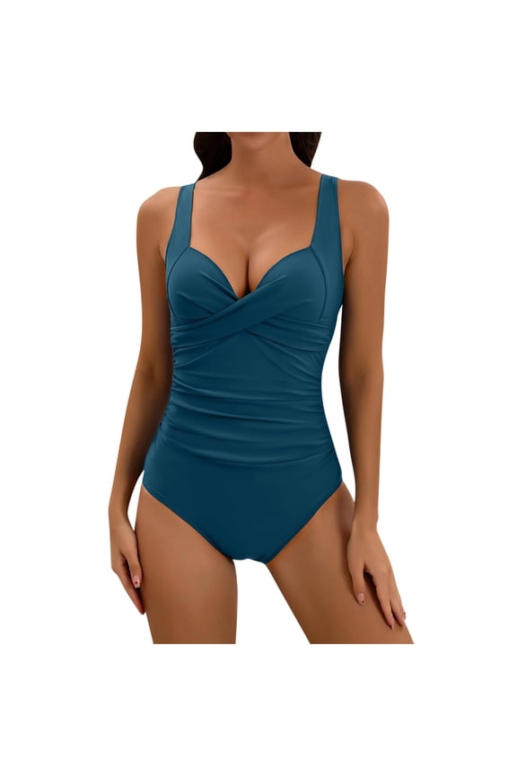 Summer Clearance Women's One-Piece Swimsuit Women's Solid Color Belly Cover Hard Back Bikini Navy, S