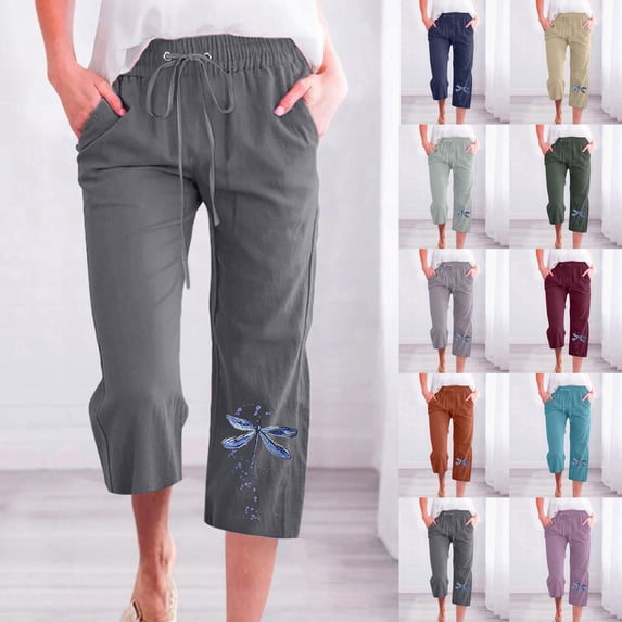 sovlvnd Summer Sale Fashion Womens Plus Size Casual Lightweight Printing Elastic Loose Pants Soft Versatile Straight Wide Leg Trousers With Pocket