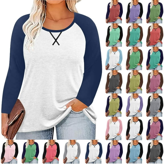 Women Long Sleeve Tops Casual Chest Print Solid Color Round Neck Pullover Loose Long Sleeved Raglan Top Plus Size